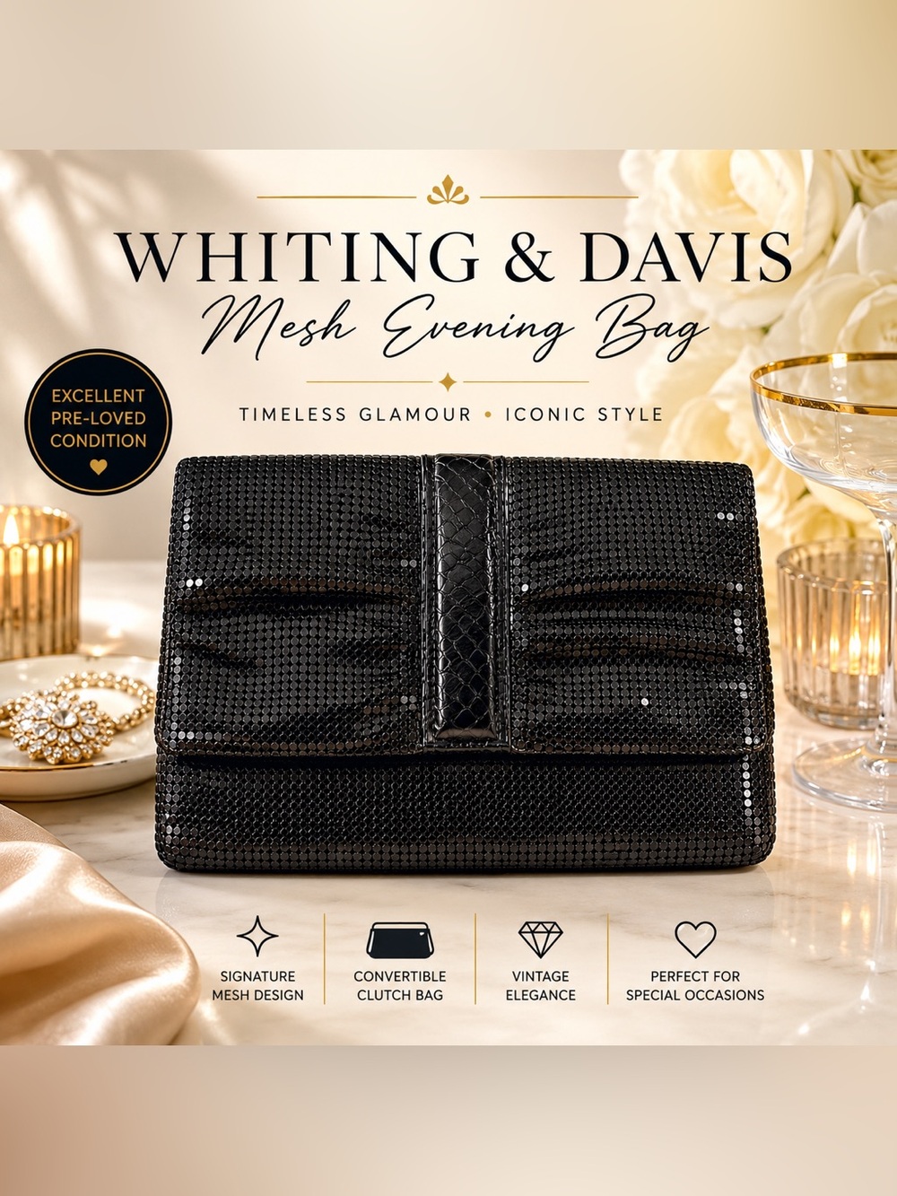 Whiting & Davis Black Mesh Evening Bag | Convertible Clutch & Shoulder Bag